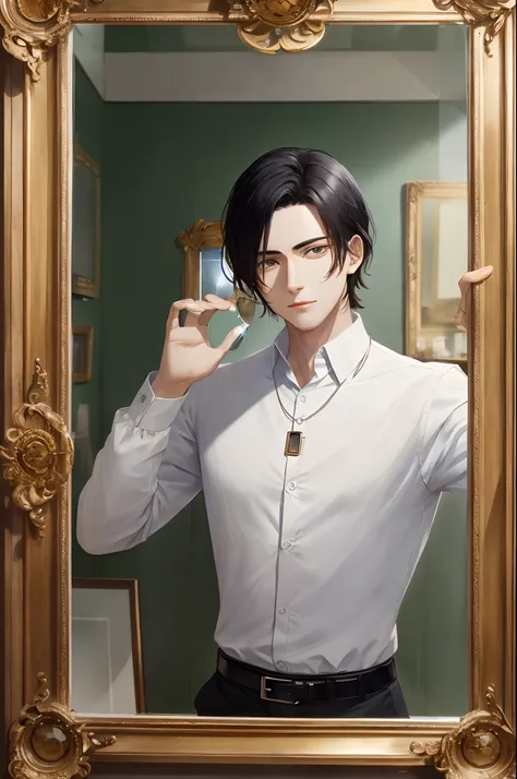 (masterpiece), (best quality), The man with black hair, have glass necklace, inside mirrors, have power to control glass, anime, a lot of mirror with his face