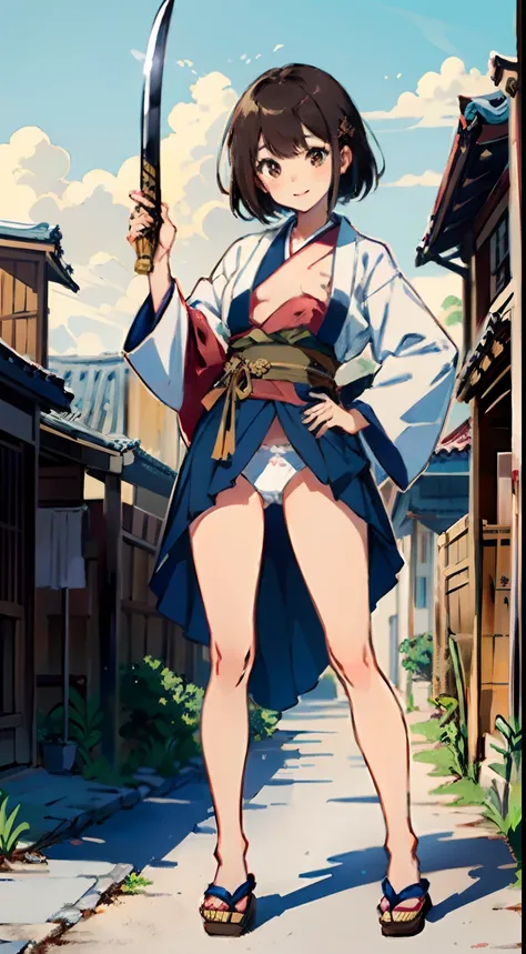 {{{masterpiece}}}, {{{best quality}}}, {{ultra-detailed}}, {illustration}, {{an extremely delicate and beautiful}},(Edo townscape),1girl, cute girl, solo, japanese clothes, short hair, weapon, sword, brown eyes, looking at viewer, kimono,(Clothes come off:...