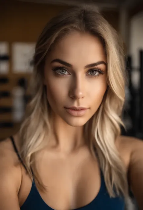 Oman with matching tank top and panties in the weight room, fille sexy aux yeux bleus, Portrait Sophie Mudd, Portrait de Corinna Kopf, cheveux blonds et grands yeux, selfie of a young woman, ohne Maquillage, maquillage naturel, Look directly into the camer...