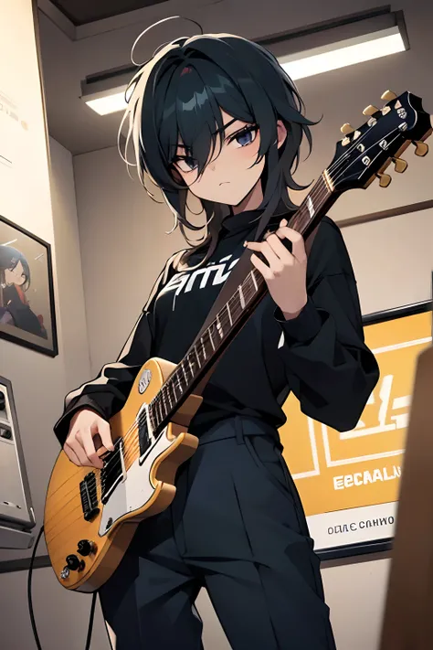 garoto de 14 anos, genderbend, cabelo preto, olhos pretos, segurando uma guitarra eletrica, his fingers are pressed into the gui...