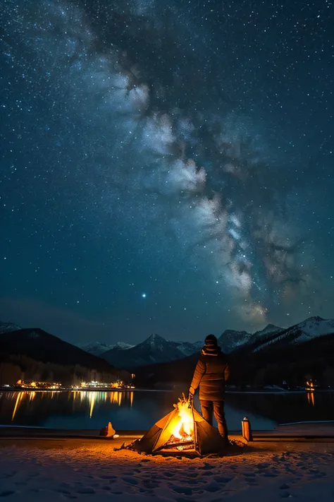 lake,Winter night sky、Burning Fire,Winters,campsite,landscapes、snow mountains、starrysky、hight resolution, Best Quality, High quality lakes,Winter night sky、Burning Fire,Winters,campsite,landscapes、Man at the Bonfire,Rear view,starrysky、hight resolution, Be...