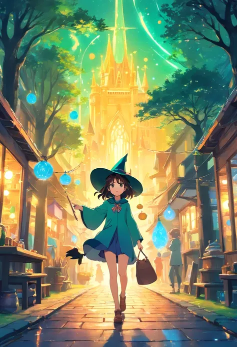 Create an anime-style image of witches in a magical and colorful environment. As bruxinhas devem ser jovens, with clothes and accessories characteristic of witches, Like pointy hats, Magic wands and brooms. Make sure each little witch has a unique and expr...