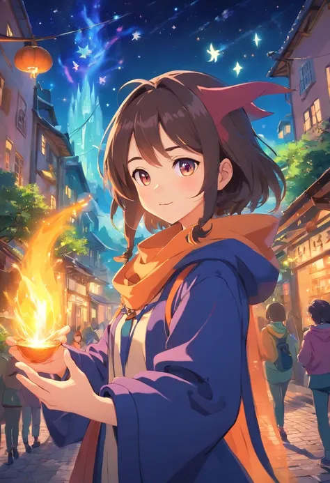 Create an anime-style image of witches in a magical and colorful environment. As bruxinhas devem ser jovens, with clothes and accessories characteristic of witches, Like pointy hats, Magic wands and brooms. Make sure each little witch has a unique and expr...