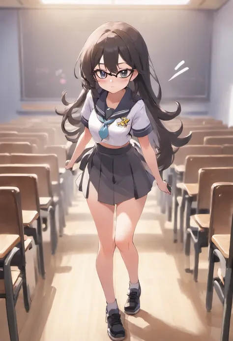 female, (()) long hair, high school, white top uniform, gray bottom, wearing a span skirt, above the knee, white short-sleeved uniform, on the shirt there is a pocket with a brown square emblem, on the left there is school name emblem, all clothes removed,...