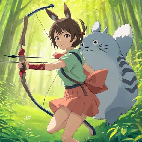 Totoro，Bow and arrow in hand，bow and arrows，Shooting action，Pull away the bow and arrow，The whole body is covered in armor ，NOWAI，No Man，No one appears