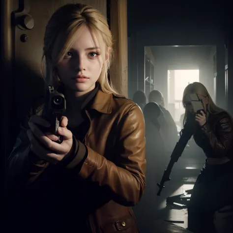 perfect female, beautiful face, long blonde hair, holding a gun