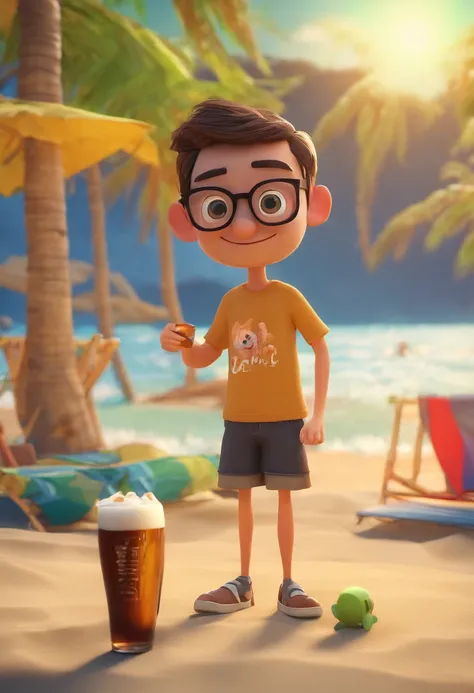 pixar style: make a picture of a man that looks like me with short brown hair and dark brown eyeglasses, green eye, drinking a beer at the beach and a all black shih-tsu dog with him