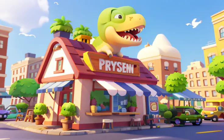 Cartoony，Lovely barber shop building，There are cute dinosaurs next to it，Gromurosaurus，Tyrannosaurus Rex Pixar style，cartoonish style， polygon， Dinosaur building， Game architectural design， fanciful， desks， music instrument， steins， Bricks， grassy， florals...