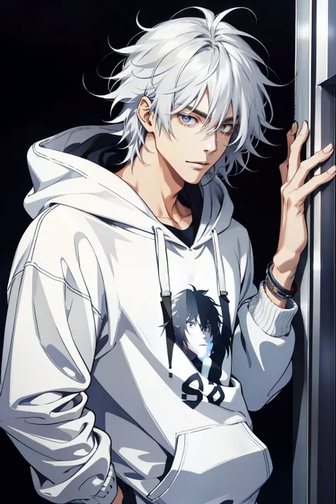 25 year old guy, Silvery fluffy hair, Im wearing a casual hoodie、sexy facial expression、Sexy atmosphere、Plain background