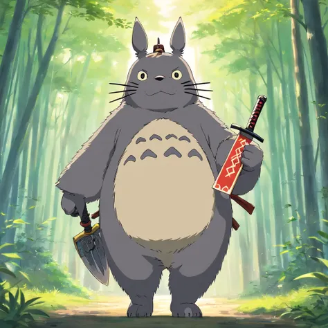 Totoro, Samurai equipment，The whole body is covered with armor , Holding a double knife in his hand，Knives in both hands，NOWAI，No Man，No one appears