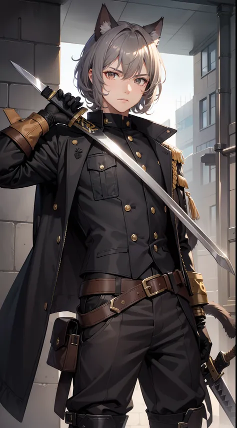 Young guy, gray curly hair, Bob hairstyle, brown eye, cat ears, Grey Combat Jacket, breeches, claws, fiery sword, Masterpiece, hiquality, 4k, HD, Good detail