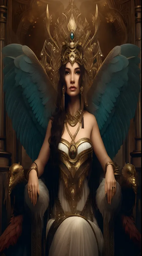 arafed woman in a white dress sitting on a throne with blue wings, female lord of change, a stunning portrait of a goddess, cinematic goddess shot, a beautiful fantasy empress, elegant cinematic fantasy art, beautiful goddess, symmetrical epic fantasy art,...