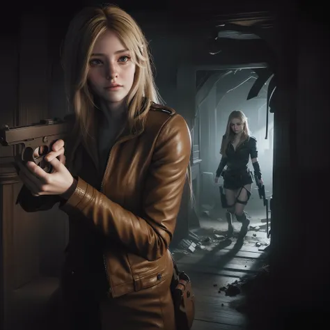 perfect female, beautiful face, ages 25, long blonde hair, holding a gun