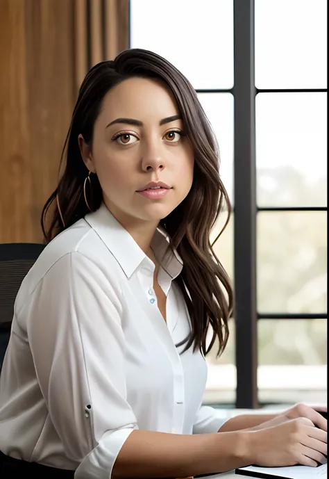 masterpiece, lifelike upper body image of AubreyPlaza, wearing a white blouse, photo realistic, highly detailed, arms folded, detailed face, resting bitch face, dramatic lighting, detailed eyes, sitting behind desk