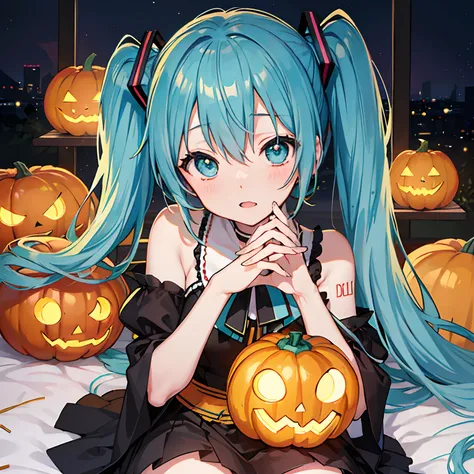 (top-quality、masutepiece)、miku hatsune、(((Delicat eyes)))、nightcity、Pumpkin Objects