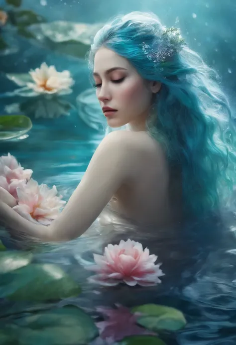 1girl, female water spirit, water-colored hair, spring water inside, a few drops of water on the skin,