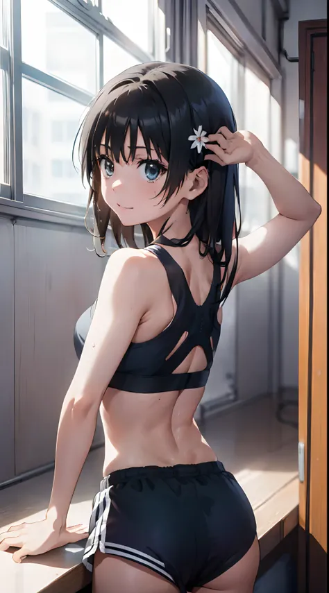 One lady,,japanes,(((Sportsbra,shortpants))),Full body portrait,,Wet with sweat,Natural smile,Clothes are wet,(((Nariko Saten)))High quality, detail, Depth and finesse。stares at the camera。Use of fisheye lenses、Beast hairstyle ban、Maintain finger shape、imp...