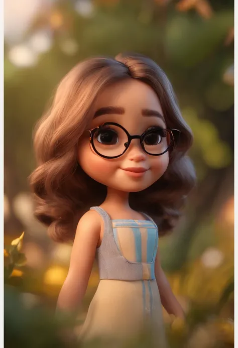 Chibi, Menina gordinha, cabelo curto caracolado, eyeglass,  (Estilo Pixar) (master part:1.2) (Bokeh) (best quality) (pele motena detalhada) (textura detalhada) (8k) (morena) (Cinematic lighting) (foco nítido) (fundo liso)