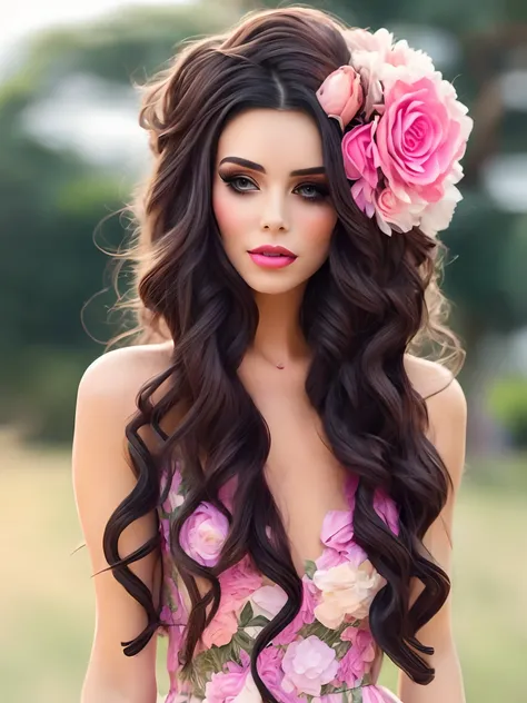 Mulher com cabelo cacheado e vestido florido