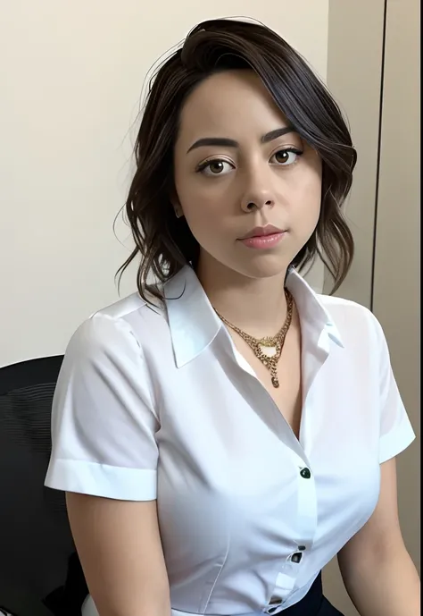 masterpiece, lifelike upper body image of AubreyPlaza, wearing a white blouse, photo realistic, highly detailed, arms folded, detailed face, resting bitch face, dramatic lighting, detailed eyes, sitting behind desk