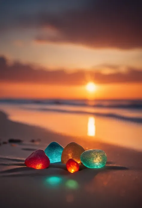 A group of glowing stones sits on the beach by the sea, Colorful glow, Magical beach, Bright glitter colors, glowing colors, Shimmering rich colors, colorful hd picure, breathtaking colors, beautiful sunset glow, Colorful sunset, Let the water sparkle, Bea...