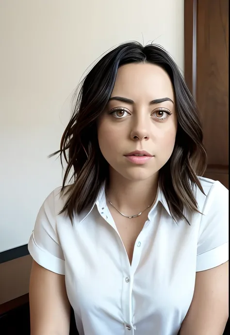 masterpiece, lifelike upper body image of AubreyPlaza, wearing a white blouse, photo realistic, highly detailed, arms folded, detailed face, resting bitch face, dramatic lighting, detailed eyes, sitting behind desk