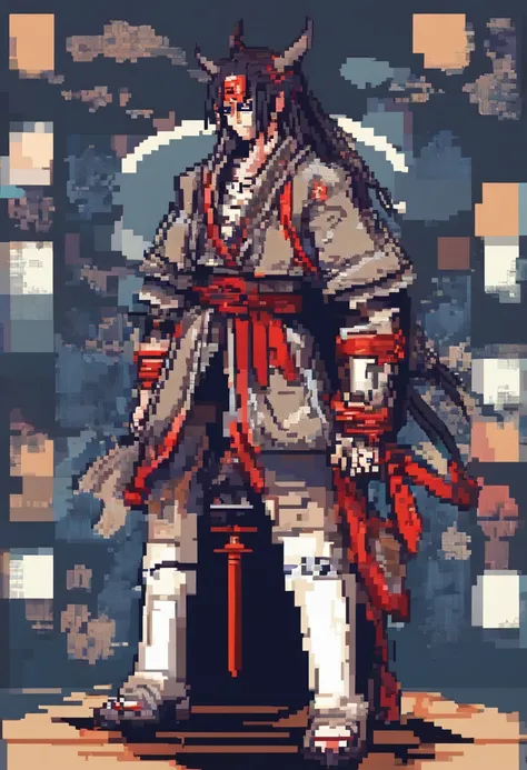 (​masterpiece、top-quality、top-quality)、pixels、Pixel art、full bodyesbian japanese man with demon mask  、katana、black japanese dress