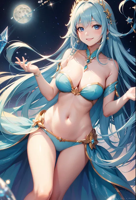 Pretty girl、adorable smiling、Blue Long Hair、Engaging pose、Elegant costumes、Show me your shoulders and stomach、Fantasia、Luminous Crystal、Crystal jade、constellation、a moon、Fantastic background