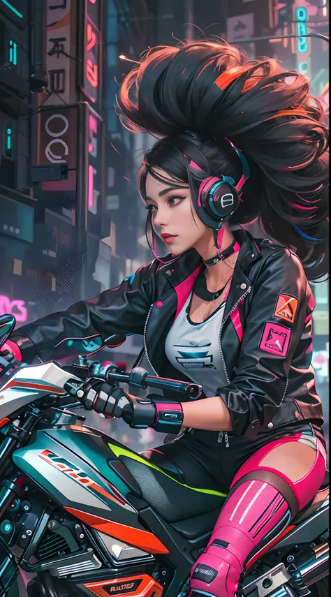 It generates a striking image of a girl with a confident attitude riding a motorbike in a cyberpunk urban environment. La chica debe estar vestida con atuendos llamativos y modernos, with vibrant colors and unique patterns. Su peinado debe ser innovador y ...