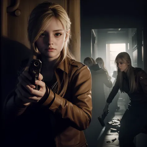 perfect female, beautiful face, long blonde hair, holding a gun