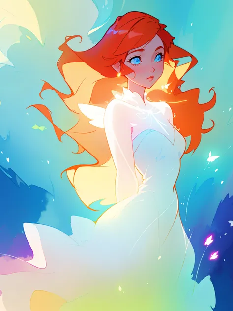 beautiful girl in white dress, fairy dress, long wavy golden red hair, watercolor illustration, inspired by Glen Keane, inspired by Lois van Baarle, disney art style, by Lois van Baarle, glowing aura around her, by Glen Keane, jen bartel, glowing lights! d...