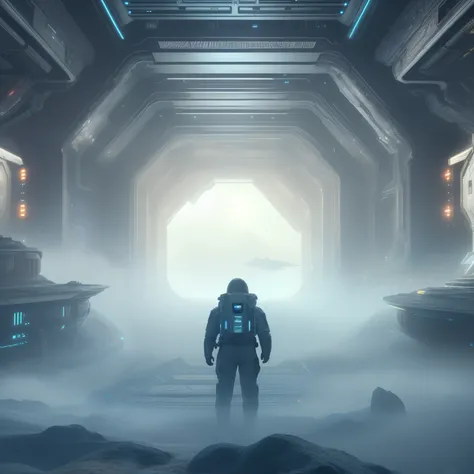 arafed image of a man in a space suit standing in a sci - fi environment, mystical sci-fi concept art, sci - fi scene, from a 2 0 1 9 sci fi 8 k movie, depicted as a scifi scene, sci-fi cinematic movie still, scifi scene, surreal sci fi set design, sci fi ...