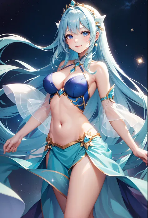 Pretty girl、adorable smiling、Blue Long Hair、Engaging pose、Elegant costumes、Show me your shoulders and stomach、Fantasia、Luminous Crystal、Crystal jade、constellation、a moon、Fantastic background