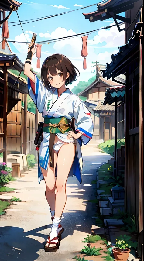 {{{masterpiece}}}, {{{best quality}}}, {{ultra-detailed}}, {illustration}, {{an extremely delicate and beautiful}},(Edo townscape),1girl, cute girl, solo, japanese clothes, short hair, weapon, sword, brown eyes, looking at viewer, kimono,(Clothes come off:...