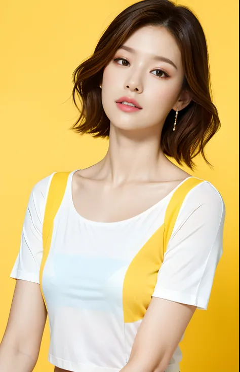 Best quality,masterpiece,ultra high res,(photorealistic:1.4),1girl, White short-sleeved T-shirt, in studio, pastel yellow background,