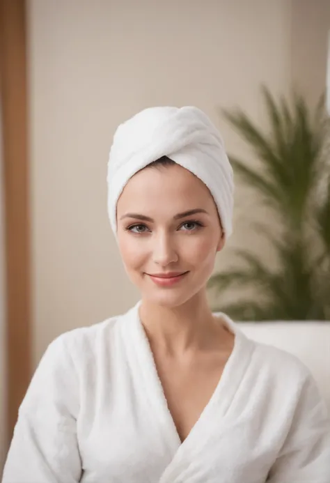 Fair complexion, Woman about 30 years old, Smiling, On head white turban spa treatments, White Zalat, Wearing Kohl, slender and graceful, Beautiful, Candle Spa Salon Furnishings, ultra sharp focus, realistic shot, Terry white spa bathrobe, Notebook colors ...