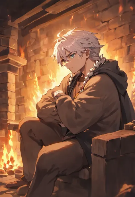 Man with white hair king hair braided, muscular, tall, broad shoulders, chest hair and arm hair, bread, older man, scar on left cheek, fur coat, back pants, sitting in front of a fire place