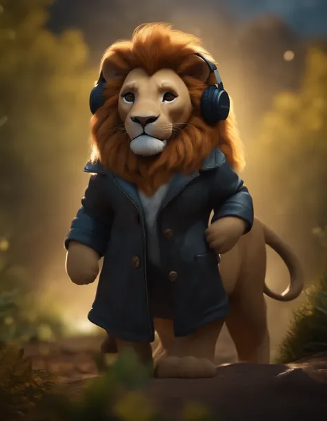 ((Best quality, 8K, Masterpiece: 1.4)),((Amazing detail: 1.3)),((illustration, Hairstyle Casual: 1.2)),((high resolution: 1.1)), A cute lion stands, headset on head, Tactical coat, Fashionab, Soft light, Colorful, Depth of field, Cinematic lighting, From b...