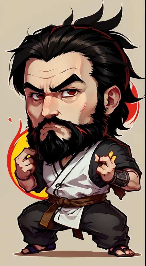 a sticker, man who is a ninja. short black hair and(( full beard.))) he has a friendly face, represented with vibrant colors, an...