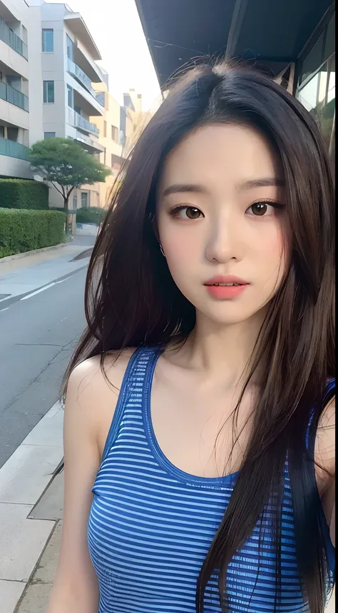 ((Best quality, 8K, Masterpiece :1.3)), Sharp focus :1.2, perfect figure beautiful woman:1.4, Slim abs:1.2, ((Layered Hair Style, mischievous expression:1.2)), (Tank top shirt:1.1 ), (the street:1.2), Highly detailed facial and skin texture, A detailed eye...