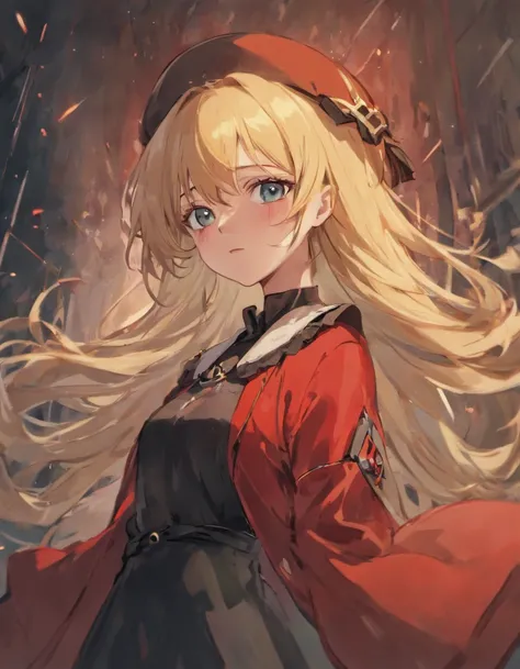 She has blonde hair, long hair, an eye patch, a red beret, long eyes, and a black dress