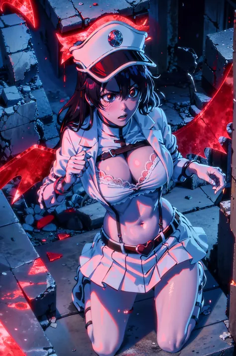 bambietta, flying, (burned ruined city:1.2), (blush:1.2), parted lips, kneels on ground, raining, blood on breasts, red eyes, hat, white military form, short white pleated skirt, upskirt, black lace panties, medium breasts, masterpiece, detailed, intricate...