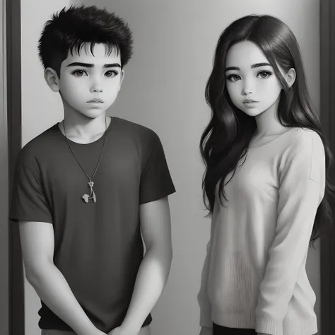 Black and white drawing of Chicano boy and girl