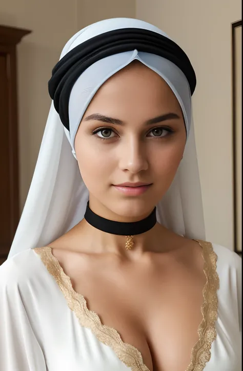 RAW, Best quality, high resolution, masterpiece: 1.3), beautiful swedish teen in hijab showing cleavage and high_slit,Masterpiece, Soft smile, choker