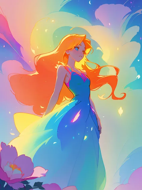 beautiful girl in flowing colorful ballgown, fairy dress, long golden hair, colorful watercolor background, inspired by Glen Keane, inspired by Lois van Baarle, disney art style, by Lois van Baarle, glowing aura around her, by Glen Keane, jen bartel, glowi...