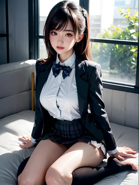 Extremely delicate and beautiful, amazing, finely detail, masutepiece, Ultra-detailed, hight resolution,Best Illustration,Colossal tits,  High quality, 1 working woman、(Black High School Blazer Jacket)、(White shirt)、(Too short plaid pleated skirt)、(You can...