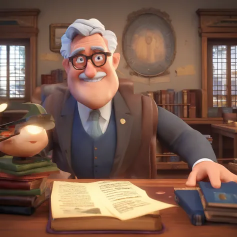 Crie um cartaz inspirado na Disney Pixar com o personagem sendo o pastor Rubens Janier, A gray-haired man wearing glasses, in an office with a Bible on the desk