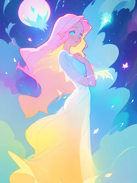 beautiful girl in white dress, fairy dress, long colorful liquid hair, watercolor illustration, inspired by Glen Keane, inspired by Lois van Baarle, disney art style, by Lois van Baarle, glowing aura around her, by Glen Keane, jen bartel, glowing lights! d...