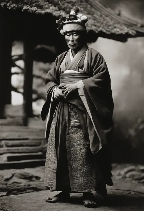 Full body, Ancient Japan masked tribes locals々and take a photo, Capture in black and white, Photos from the 1900s, Gelatin silver print, Add noise, Old Photo Effects