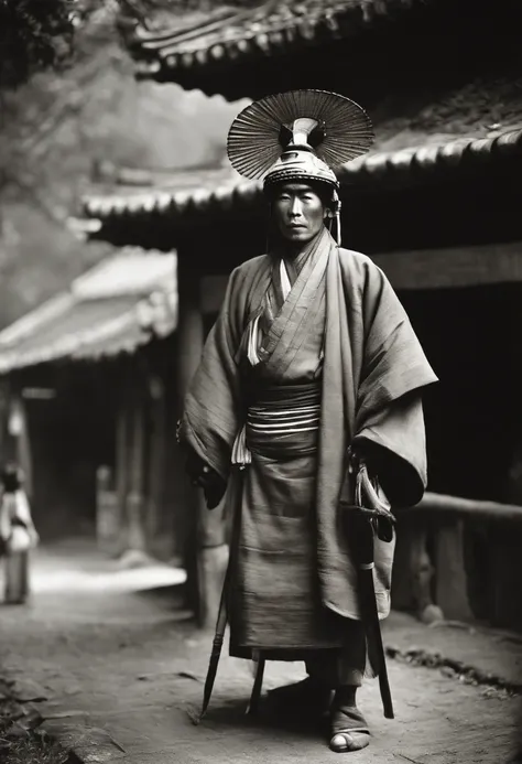 Full body, Ancient Japan masked tribes locals々and take a photo, Capture in black and white, Photos from the 1900s, Gelatin silver print, Add noise, Old Photo Effects